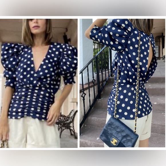 RONNY KOBO LILIANA BLUE IVORY POLKA DOT TOP S REG $288.00
